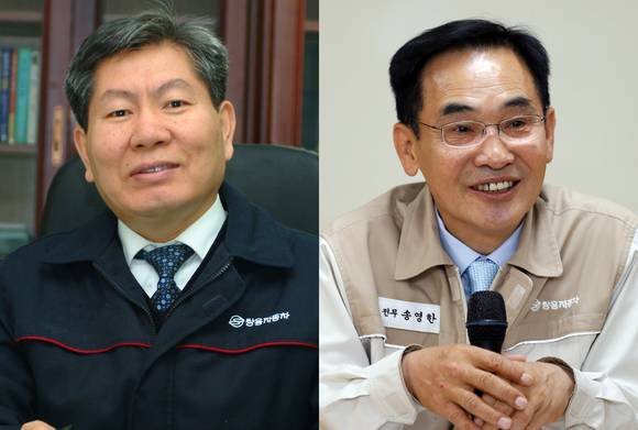 쌍용자동차가 23일 2017년 정기 임원 인사 소식을 전했다. 이번 인사로 하광용 인력/품질관리부문장 겸 인력/관리본부장(왼쪽)과 송영한 국내영업본부장을 전무에서 부사장으로 승진했다. (사진 = 쌍용자동차)
