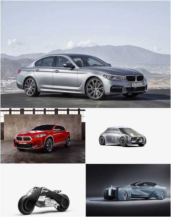 맨 위의 사진은 iF 디자인 어워드 2017에서 자동차/제품부문 '골드'를 수상한 BMW 뉴5시리즈. 가운데줄 좌측부터 시계방향으로 이동성/전문 콘셉트 부문 본상을 수상한 BMW X2 콘셉트와 MINI 비전 넥스트 100, 롤스로이스 비전 넥스트 100, BMW 모토라드 비전 넥스트 100. (사진 = BMW그룹코리아)
