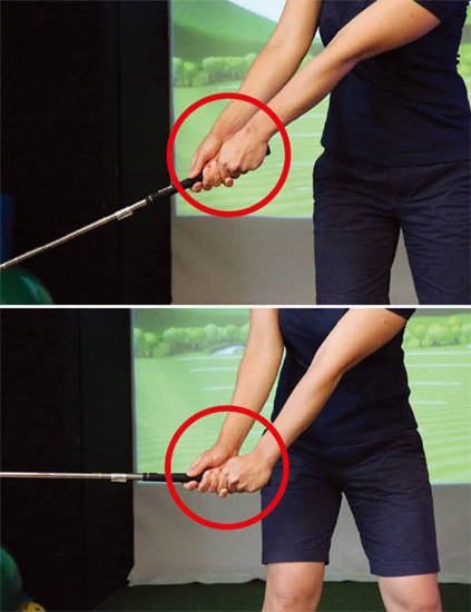 늘어진 콕킹(위)과 효율적인 콕킹의 모습. 손목이 너무 늘어지지 않도록 조절해야 한다.