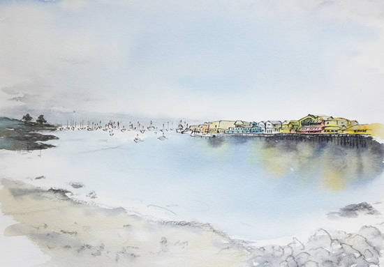 몬터레이 만(Monterey Bay)의 바다와 배와 카페들. 그림 = 이상면 편집위원