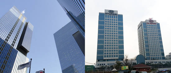 코스피가 고공행진을 기록 중인 가운데 국내 경제를 대표하는 삼성과 현대차의 시가총액 명암이 엇갈리고 있다. 서울 서초 삼성빌딩(왼쪽)과 양재 현대자동차그룹 본사 전경. 사진 = CNB저널 자료사진