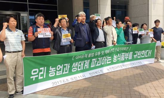 ‘농촌진흥청 GM 작물 개발반대 전북도민행동’과 ‘전북농업인단체협의회’ 관계자들이 6월 8일 전북도청 앞에서 기자회견을 열고 유전자변형(GM) 유채의 소각을 촉구하고 있다. 사진 = 연합뉴스