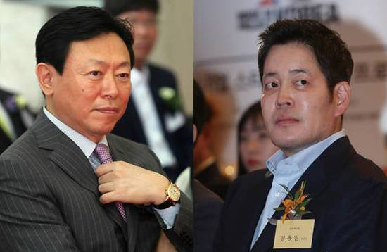 유통업계 맞수인 신동빈 롯데그룹 회장(왼쪽)과 정용진 신세계그룹 부회장. 사진 = 연합뉴스