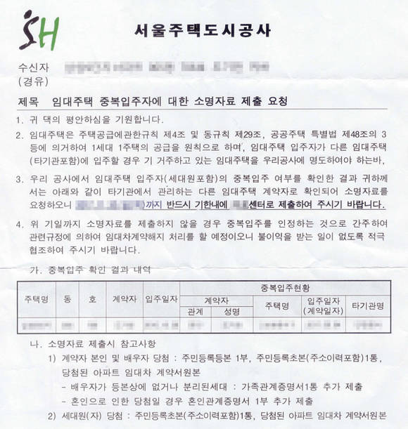 CNB가 단독입수한, SH공사가 임대주택 임차인 중 새로운 임대주택에 당첨된 이들에게 보내고 있는 공문. 전산 확인시스템이 갖춰지지 않다보니 임차인이 직접 이중거주가 아님을 소명해 줄 것을 요구하고 있다.