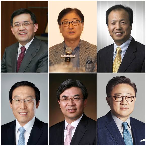 삼성전자 권오현, 윤부근, 신종균 전 부문장(사진 위, 왼쪽부터)과 신임 김기남, 김현석, 고동진 부문장(사진 아래, 왼쪽부터). (사진 = 연합뉴스)