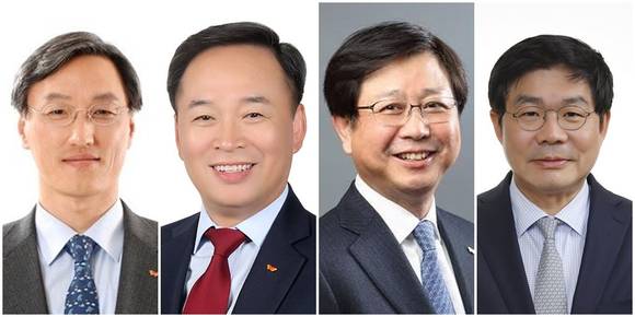 조경목 SK에너지 사장, 장용호 SK머티리얼즈 사장, 안정옥 SK주식회사 C&C 사장, 안재현 SK건설 Global Biz. 사장(왼쪽부터). (사진 = 연합뉴스)