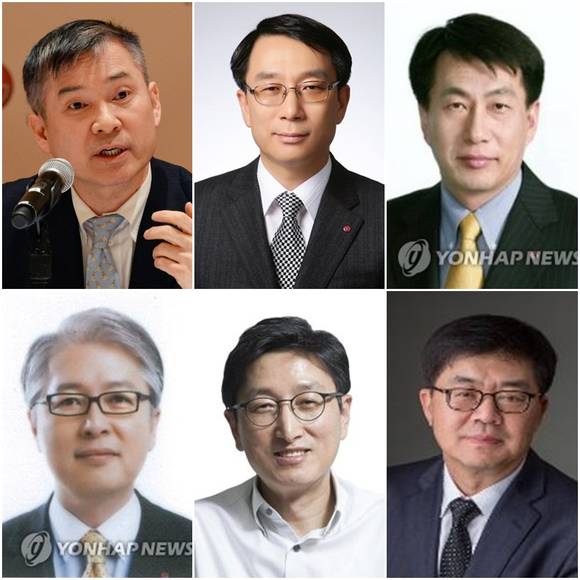 하현회 LG 부회장, 노기수 LG화학 사장, 권순황 LG전자 B2B사업본부장(사진 위, 왼쪽부터)과 권봉석 LG전자 HE사업본부장, 황용기 LG디스플레이 TV사업부장, 박일평 LG전자 최고기술책임자(CTO) 겸 소프트웨어센터장(사진 아래, 왼쪽부터). (사진 = 연합뉴스)