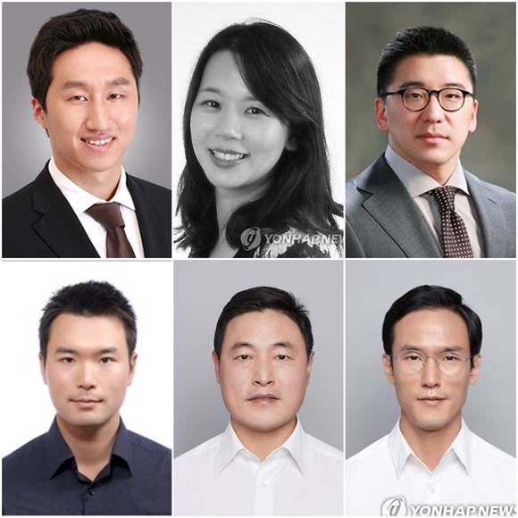 정기선 현대중공업 부사장, 이경후 CJ 미국지역본부 마케팀담당 상무, 구본혁(40) LS니꼬동제련 부사장(사진 위, 왼쪽부터)과 이규호 코오롱 상무, 조현식 한국타이어월드와이드 대표이사 총괄부회장, 조현범 한국타이어 대표이사 사장(사진 아래, 왼쪽부터). (사진 = 연합뉴스)