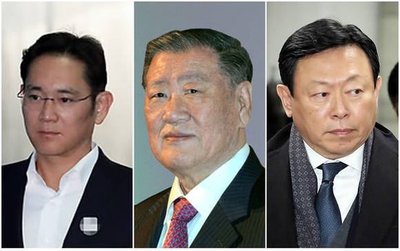 이재용 삼성전자 부회장과 정몽구 현대차 회장, 신동빈 롯데그룹 회장(왼쪽부터). (사진 = 연합뉴스)