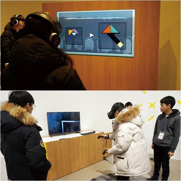 아카데미 참가 학생들은 전시회에서 자신이 만든 게임을 직접 소개하고 다른 게임을 체험하는 등 즐거운 시간을 보냈다. (위에서부터)학생들이 PC게임과 VR게임을 직접 해보고 있다. 사진 = 손강훈 기자